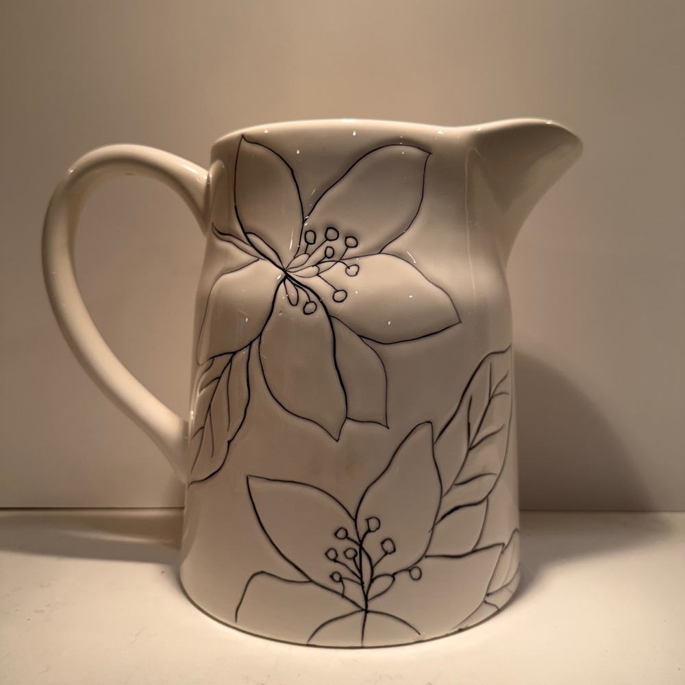 Laurie Gates Floral Anna White Ceramic Pitcher with Handle‎ Stoneware Heavy